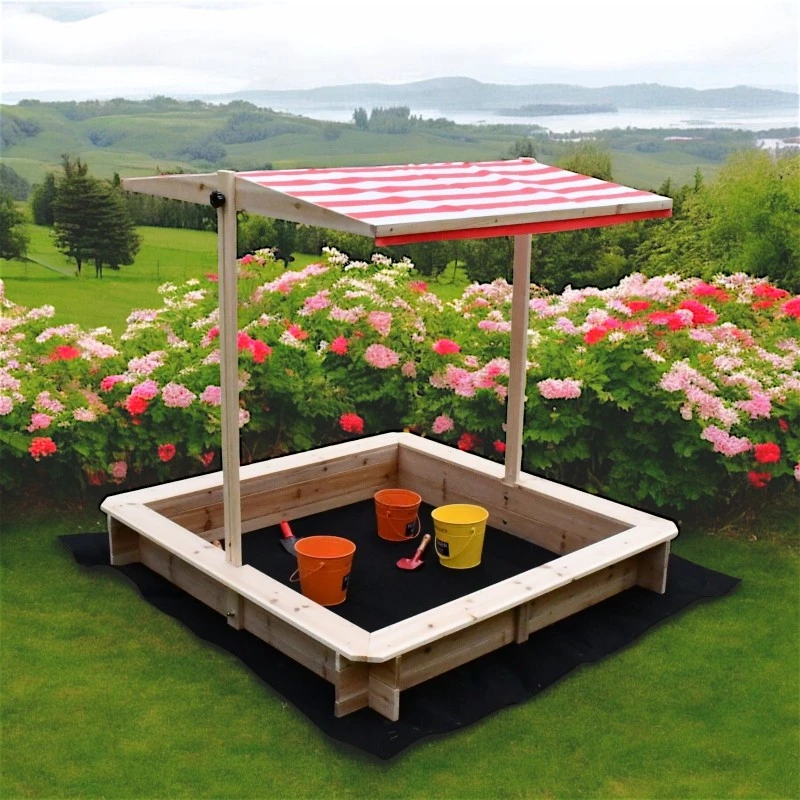 Детски Пясъчник GINGER HOME с Регулируем Покрив с UV Защита, 117x117x113 см, Дървен – Идеален за Игра на Открито