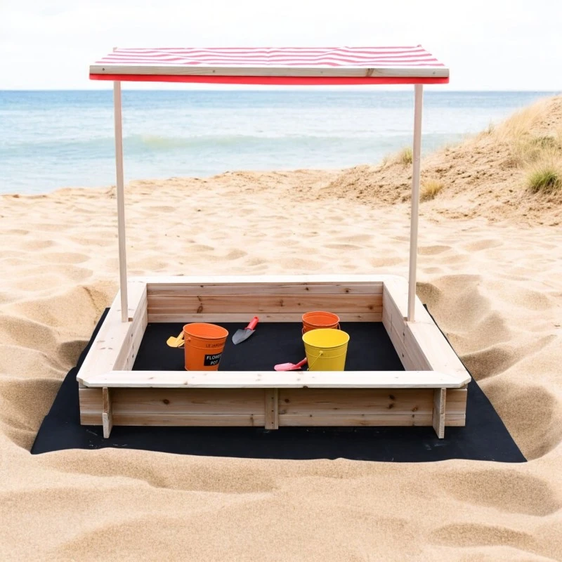 Детски Пясъчник GINGER HOME с Регулируем Покрив с UV Защита, 117x117x113 см, Дървен – Идеален за Игра на Открито