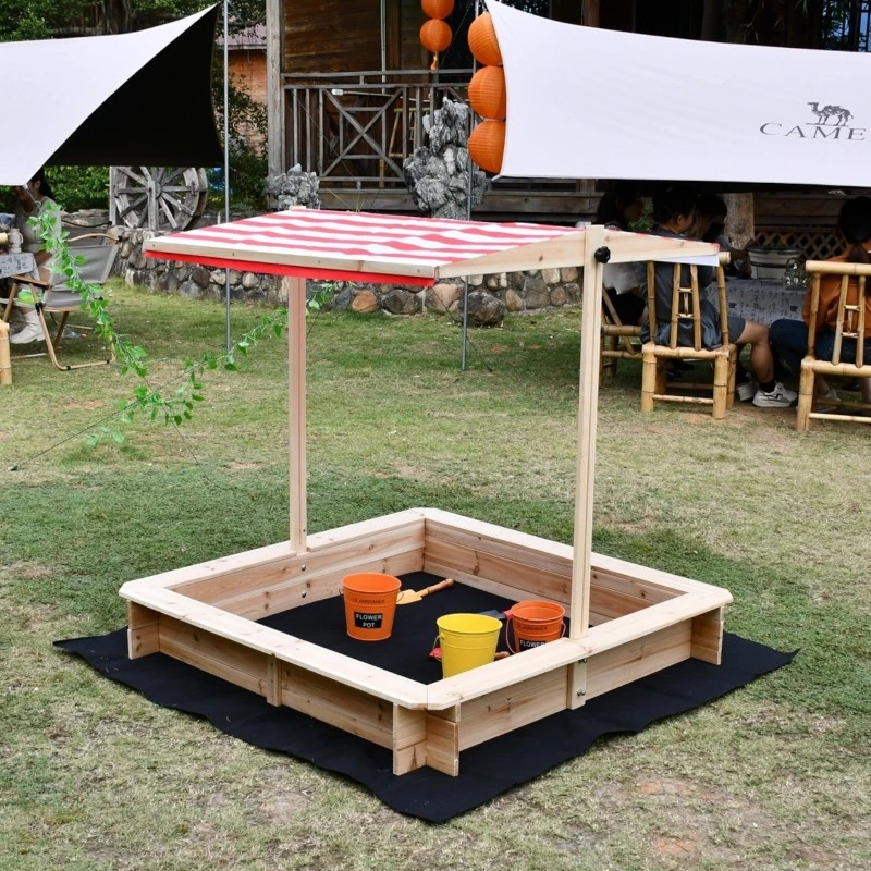 Детски Пясъчник GINGER HOME с Регулируем Покрив с UV Защита, 117x117x113 см, Дървен – Идеален за Игра на Открито