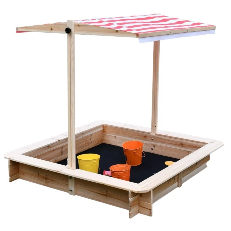 Детски Пясъчник GINGER HOME с Регулируем Покрив с UV Защита, 117x117x113 см, Дървен – Идеален за Игра на Открито