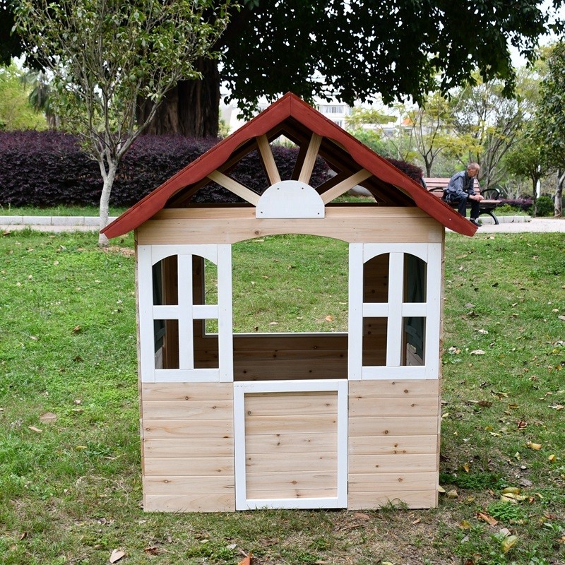 Детска Градинска Дървена Къщичка за Игра на Открито GINGER HOME – Натурално Дърво, 115×102×129 см