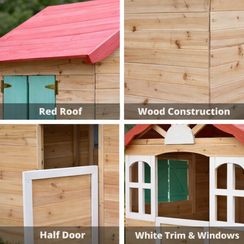 Детска Градинска Дървена Къщичка за Игра на Открито GINGER HOME – Натурално Дърво, 115×102×129 см