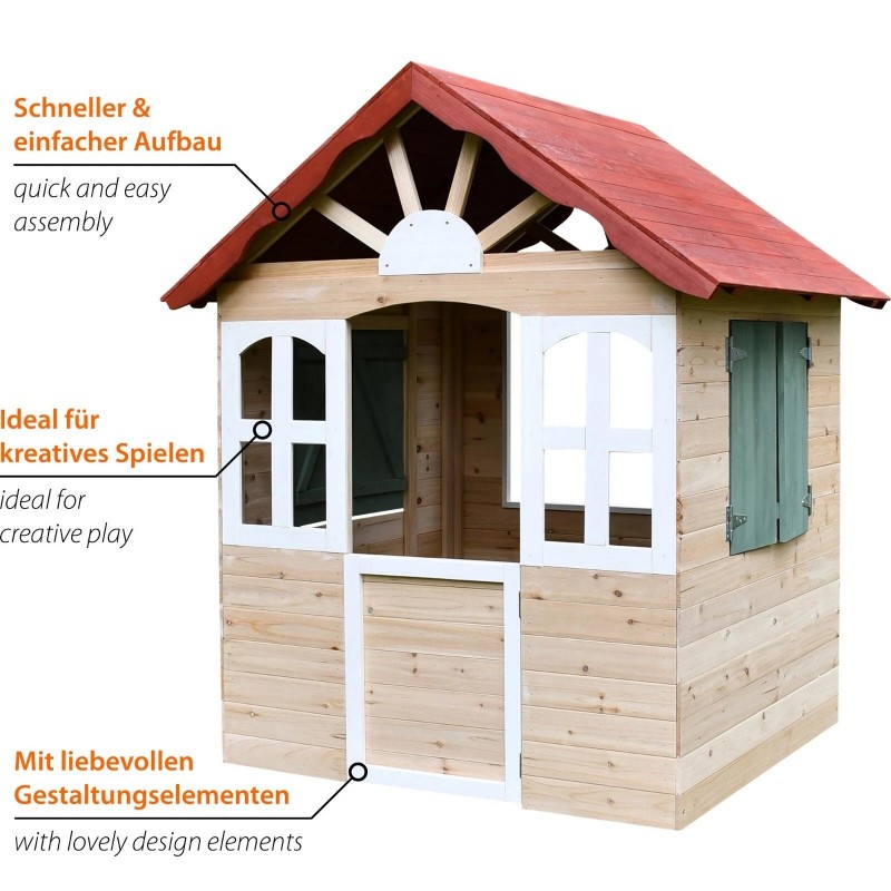 Детска Градинска Дървена Къщичка за Игра на Открито GINGER HOME – Натурално Дърво, 115×102×129 см