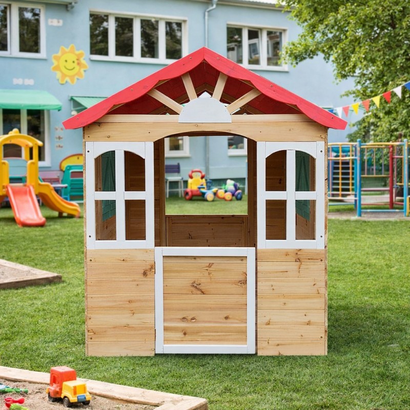 Детска Градинска Дървена Къщичка за Игра на Открито GINGER HOME – Натурално Дърво, 115×102×129 см