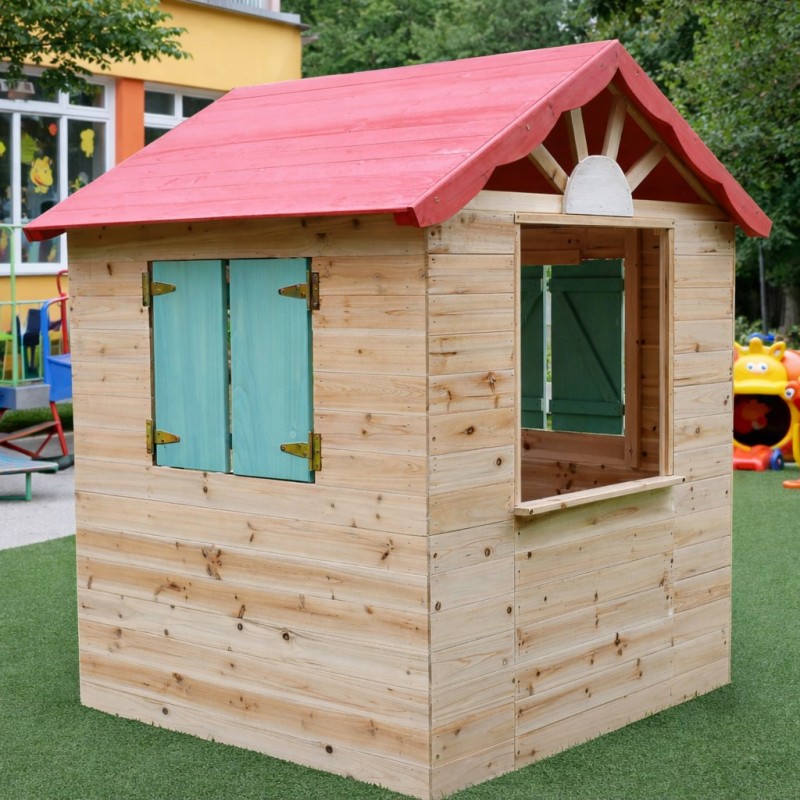 Детска Градинска Дървена Къщичка за Игра на Открито GINGER HOME – Натурално Дърво, 115×102×129 см