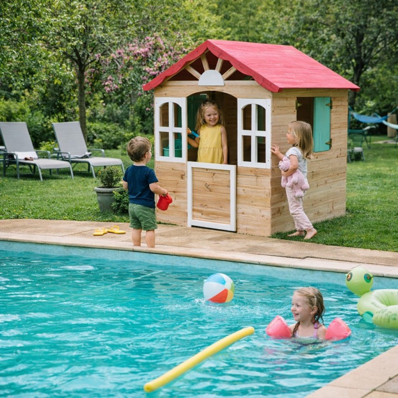 Детска Градинска Дървена Къщичка за Игра на Открито GINGER HOME – Натурално Дърво, 115×102×129 см