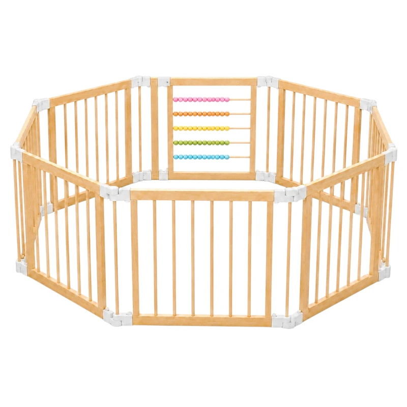 Детска Дървена Кошара за Игра GINGER HOME, 8 Панела, с Вратичка, Бизи Борд и Защитно Заключване, Масивен Новозеландски Бор, 140x140x61 см