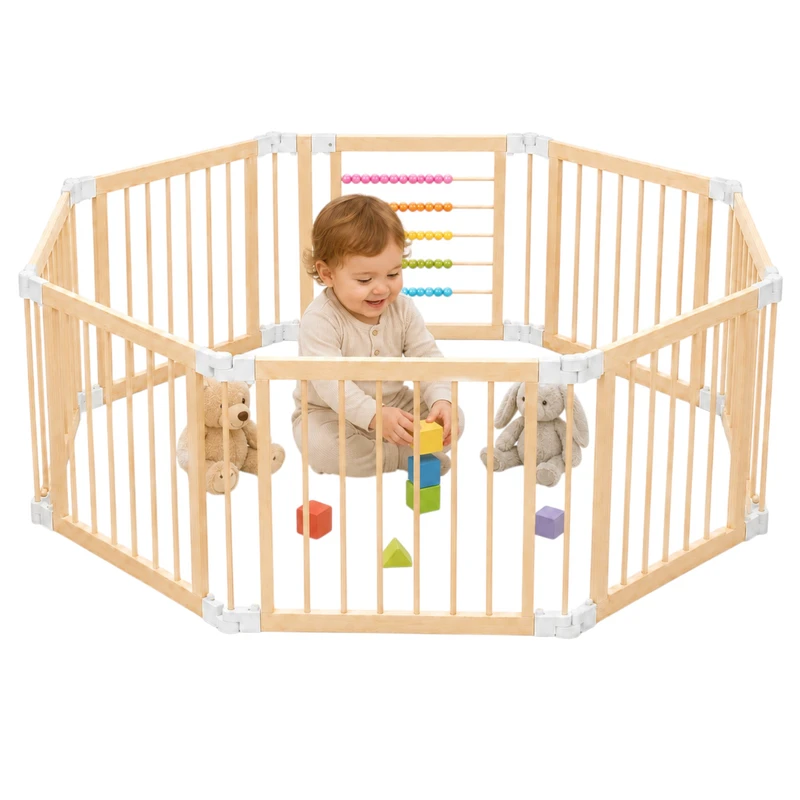 Детска Дървена Кошара за Игра GINGER HOME, 8 Панела, с Вратичка, Бизи Борд и Защитно Заключване, Масивен Новозеландски Бор, 140x140x61 см