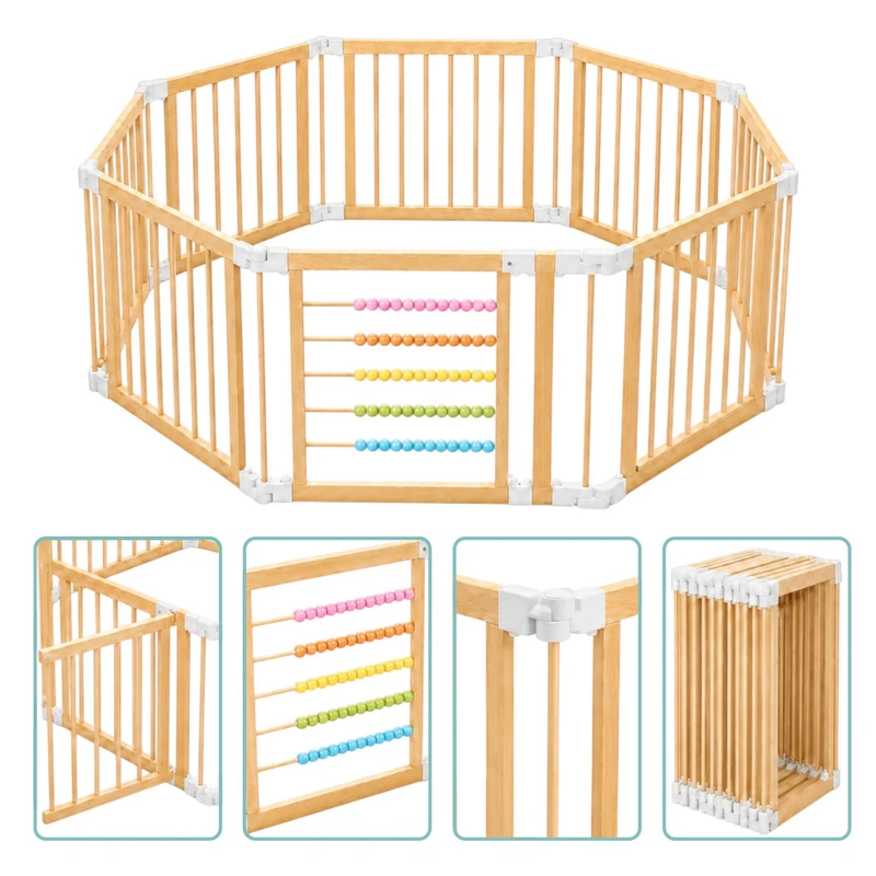 Детска Дървена Кошара за Игра GINGER HOME, 8 Панела, с Вратичка, Бизи Борд и Защитно Заключване, Масивен Новозеландски Бор, 140x140x61 см