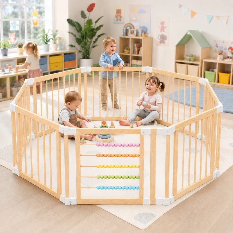 Детска Дървена Кошара за Игра GINGER HOME, 8 Панела, с Вратичка, Бизи Борд и Защитно Заключване, Масивен Новозеландски Бор, 140x140x61 см