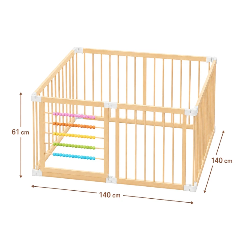 Детска Дървена Кошара за Игра GINGER HOME, 8 Панела, с Вратичка, Бизи Борд и Защитно Заключване, Масивен Новозеландски Бор, 140x140x61 см