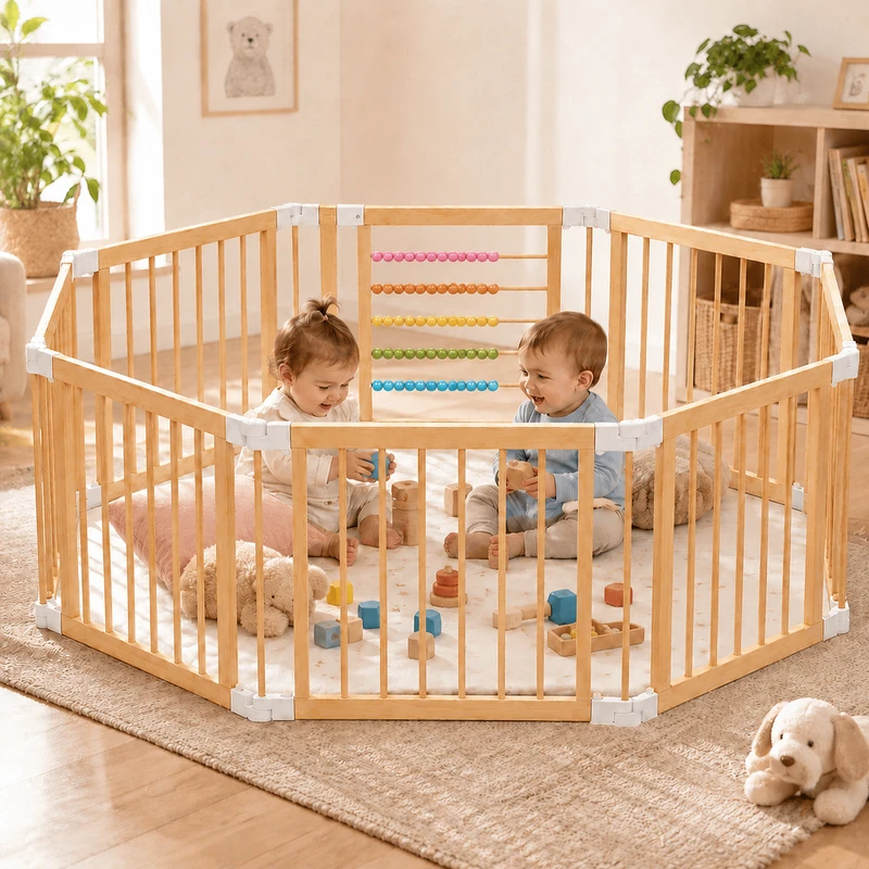 Детска Дървена Кошара за Игра GINGER HOME, 8 Панела, с Вратичка, Бизи Борд и Защитно Заключване, Масивен Новозеландски Бор, 140x140x61 см