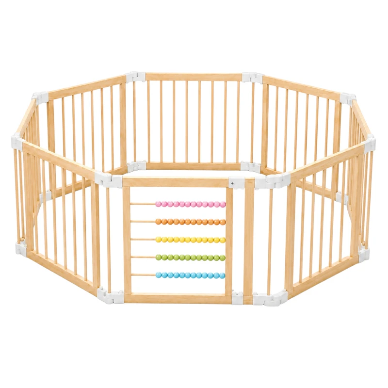 Детска Дървена Кошара за Игра GINGER HOME, 8 Панела, с Вратичка, Бизи Борд и Защитно Заключване, Масивен Новозеландски Бор, 140x140x61 см