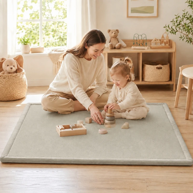 Детски Мемори Килим GINGER HOME LOLLA, 150 × 200 см, 3,5 см Дебелина, Кадифено Мек Водоустойчив Горен Слой, Мемори Пяна, Противохлъзгаща Основа, Сив