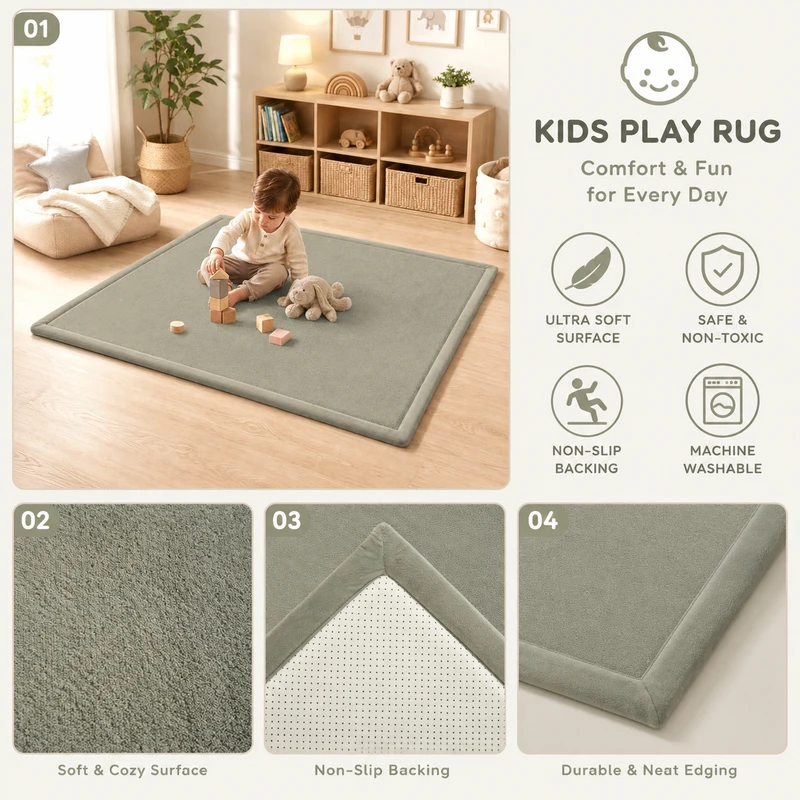 Детски Мемори Килим GINGER HOME LOLLA, 150 × 200 см, 3,5 см Дебелина, Кадифено Мек Водоустойчив Горен Слой, Мемори Пяна, Противохлъзгаща Основа, Сив
