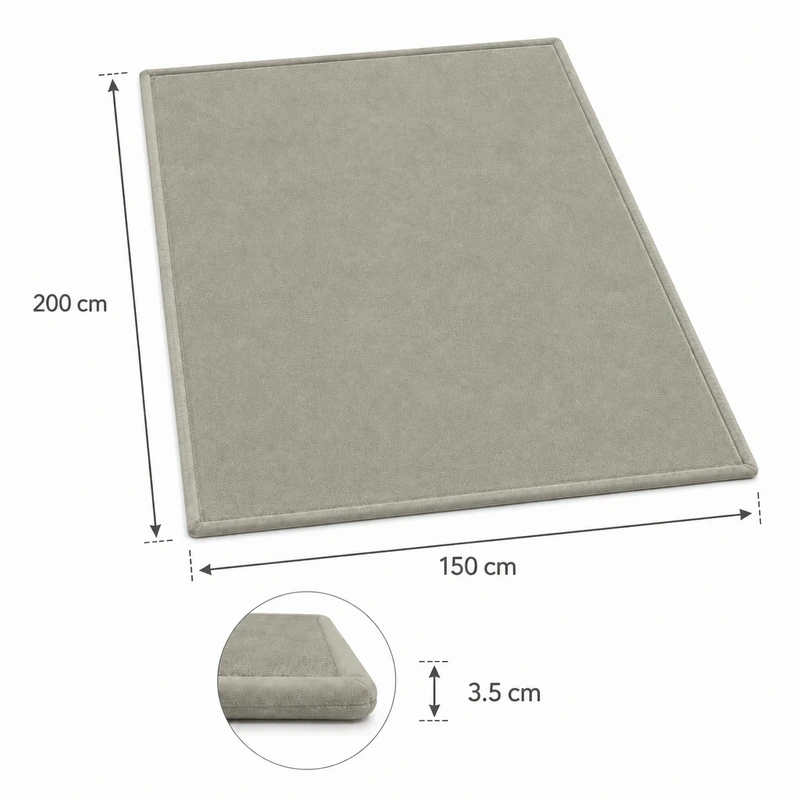Детски Мемори Килим GINGER HOME LOLLA, 150 × 200 см, 3,5 см Дебелина, Кадифено Мек Водоустойчив Горен Слой, Мемори Пяна, Противохлъзгаща Основа, Сив
