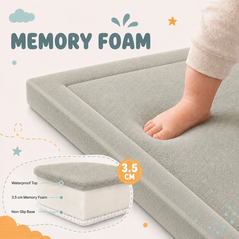 Детски Мемори Килим GINGER HOME LOLLA, 150 × 200 см, 3,5 см Дебелина, Кадифено Мек Водоустойчив Горен Слой, Мемори Пяна, Противохлъзгаща Основа, Сив