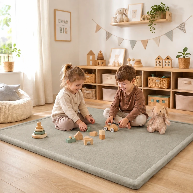 Детски Мемори Килим GINGER HOME LOLLA, 150 × 200 см, 3,5 см Дебелина, Кадифено Мек Водоустойчив Горен Слой, Мемори Пяна, Противохлъзгаща Основа, Сив