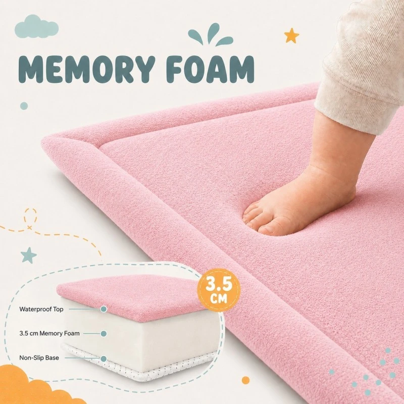 Детски мемори килим GINGER HOME LOLLA, 150x200 см, 3,5 см дебелина, кадифено мек водоустойчив горен слой, мемори пяна, противохлъзгаща основа, розов