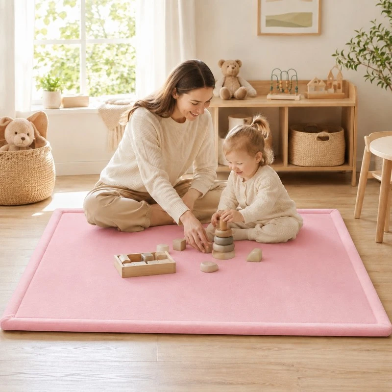 Детски мемори килим GINGER HOME LOLLA, 150x200 см, 3,5 см дебелина, кадифено мек водоустойчив горен слой, мемори пяна, противохлъзгаща основа, розов