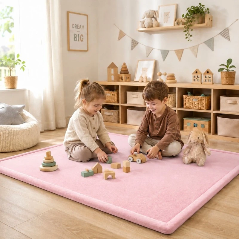 Детски мемори килим GINGER HOME LOLLA, 150x200 см, 3,5 см дебелина, кадифено мек водоустойчив горен слой, мемори пяна, противохлъзгаща основа, розов