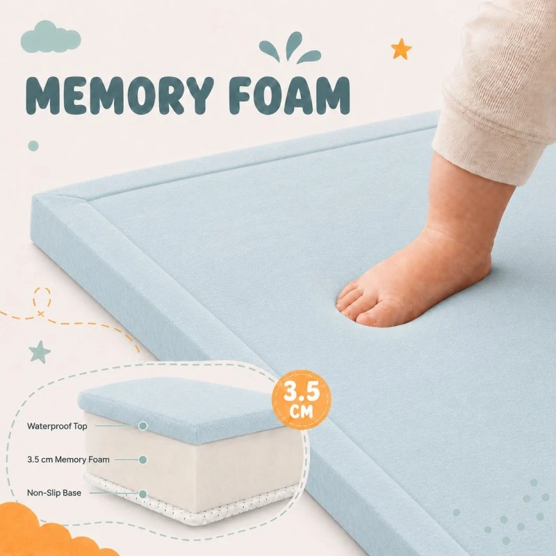 Детски Мемори Килим GINGER HOME LOLLA, 150x200 см, 3,5 см Дебелина, Кадифено Мек Водоустойчив Горен Слой, Мемори Пяна, Противохлъзгаща Основа, Син