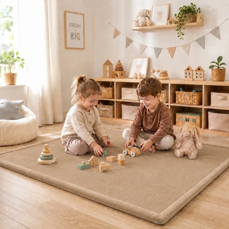 Детски Мемори Килим GINGER HOME LOLLA, 150x200 см, 3,5 см Дебелина, Кадифено Мек Водоустойчив Горен Слой, Мемори Пяна, Противохлъзгаща Основа, Бежов