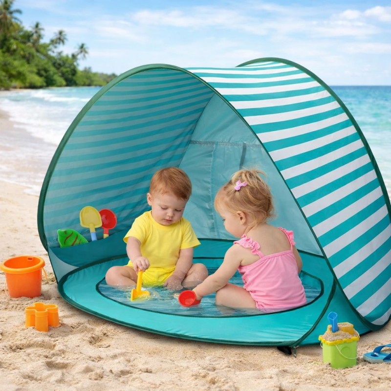 Детска Палатка за Игра Pop-Up GINGER HOME с UV Защита 50+ – Лека и Сгъваема, за Плаж и Градина, Зелени Райета, 120×80×70 см