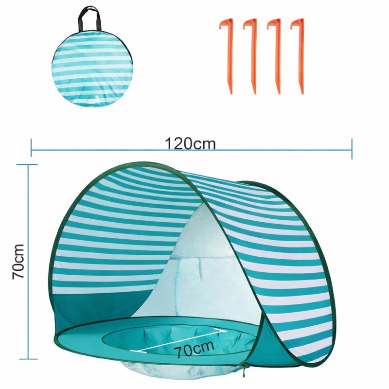 Детска Палатка за Игра Pop-Up GINGER HOME с UV Защита 50+ – Лека и Сгъваема, за Плаж и Градина, Зелени Райета, 120×80×70 см