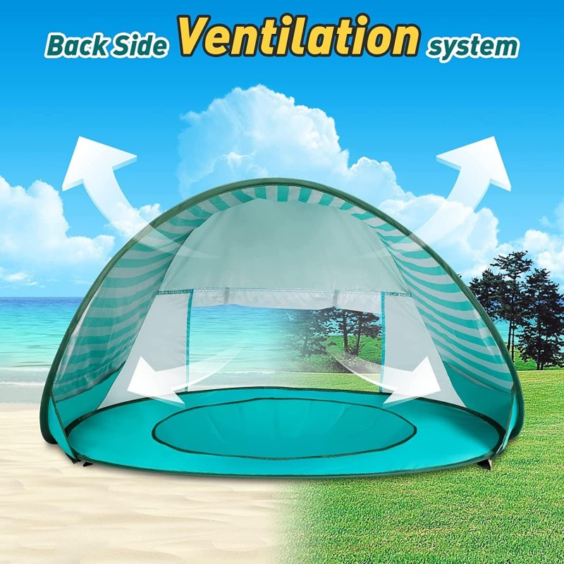 Детска Палатка за Игра Pop-Up GINGER HOME с UV Защита 50+ – Лека и Сгъваема, за Плаж и Градина, Зелени Райета, 120×80×70 см