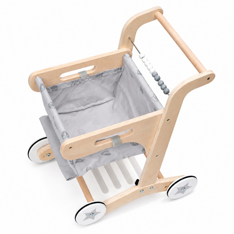 Детска Дървена Проходилка GINGER HOME, Количка за Пазаруване с Кош, Играчка за Бутане, Монтесори, 52 см