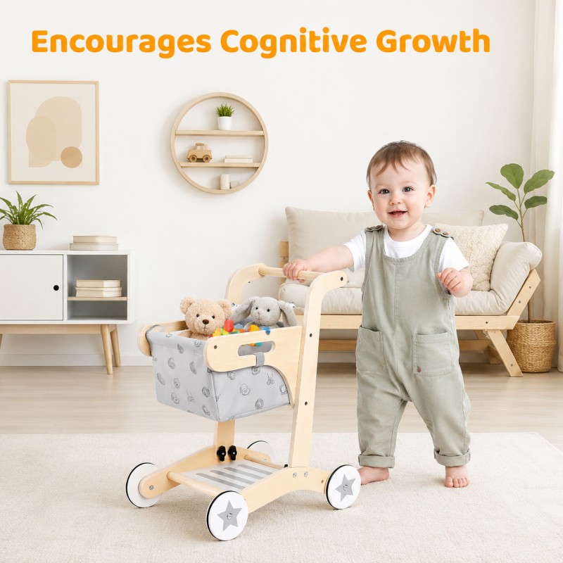 Детска Дървена Проходилка GINGER HOME, Количка за Пазаруване с Кош, Играчка за Бутане, Монтесори, 52 см