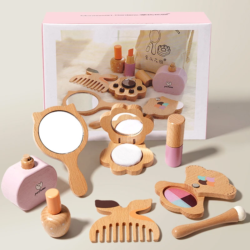 Детски Дървен Козметичен Комплект GINGER HOME, Гримове за Ролева Игра, Чантичка, Монтесори