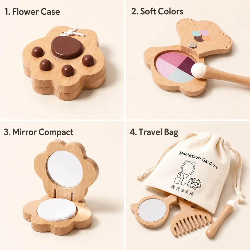 Детски Дървен Козметичен Комплект GINGER HOME, Гримове за Ролева Игра, Чантичка, Монтесори