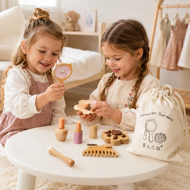 Детски Дървен Козметичен Комплект GINGER HOME, Гримове за Ролева Игра, Чантичка, Монтесори