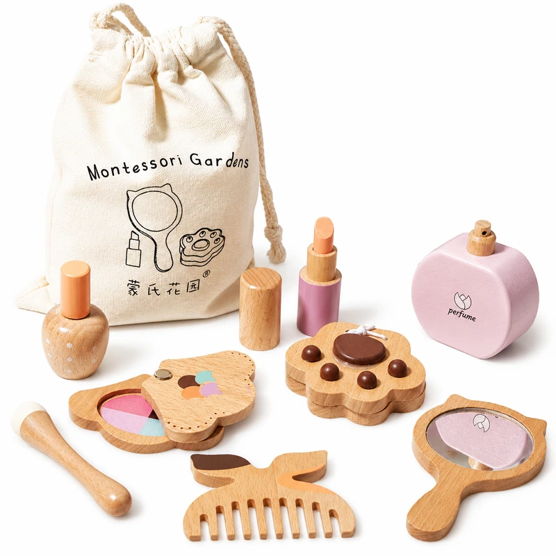 Детски Дървен Козметичен Комплект GINGER HOME, Гримове за Ролева Игра, Чантичка, Монтесори