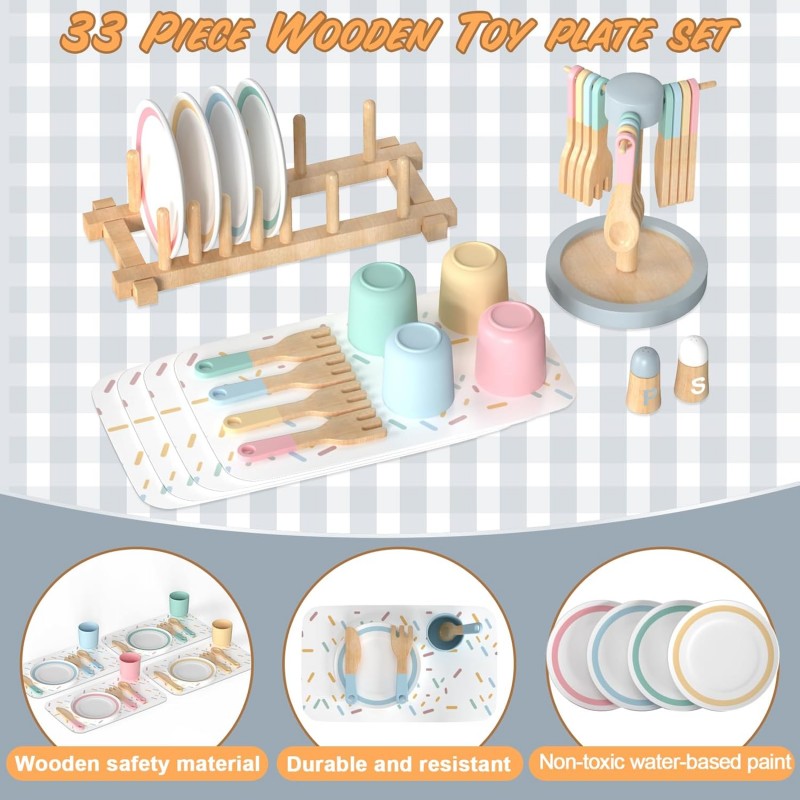 Детски Дървен Сервиз за Хранене 33 части GINGER HOME – Комплект за Ролева Игра с Чинии, Чаши, Прибори и Поставки