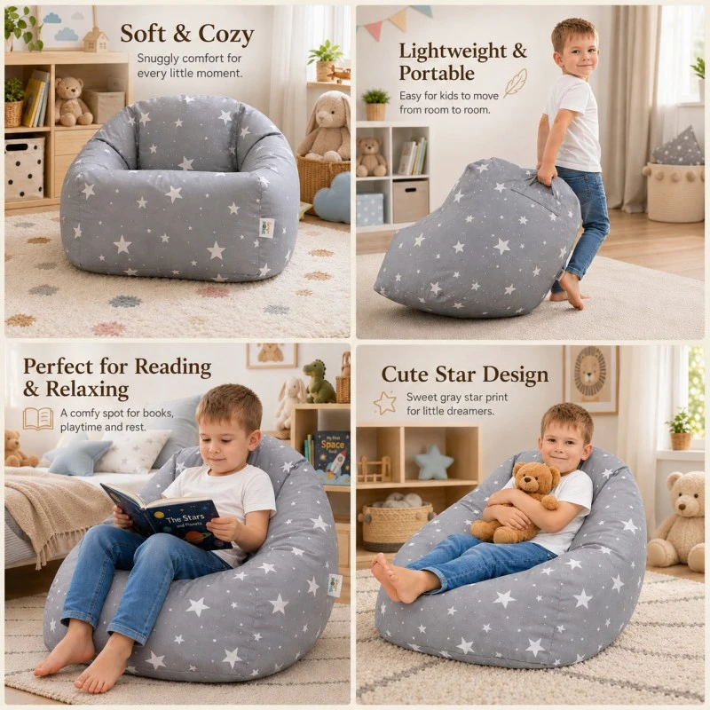 Детски Пуф Кресло GINGER HOME Little Stars, 100% Памук, Сив Барбарон Със Звезди, 55x44x55 см