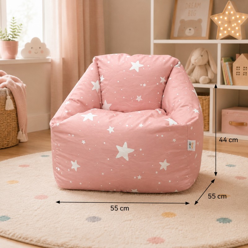 Детски Пуф Кресло GINGER HOME Little Stars, 100% Памук, Розов Барбарон Със Звезди, 55x44x55 см