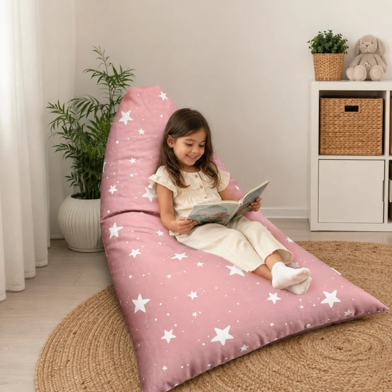 Детски Пуф Лежанка GINGER HOME Little Stars, 100% Памук, Розов Барбарон със Звезди, 127x81x76 см