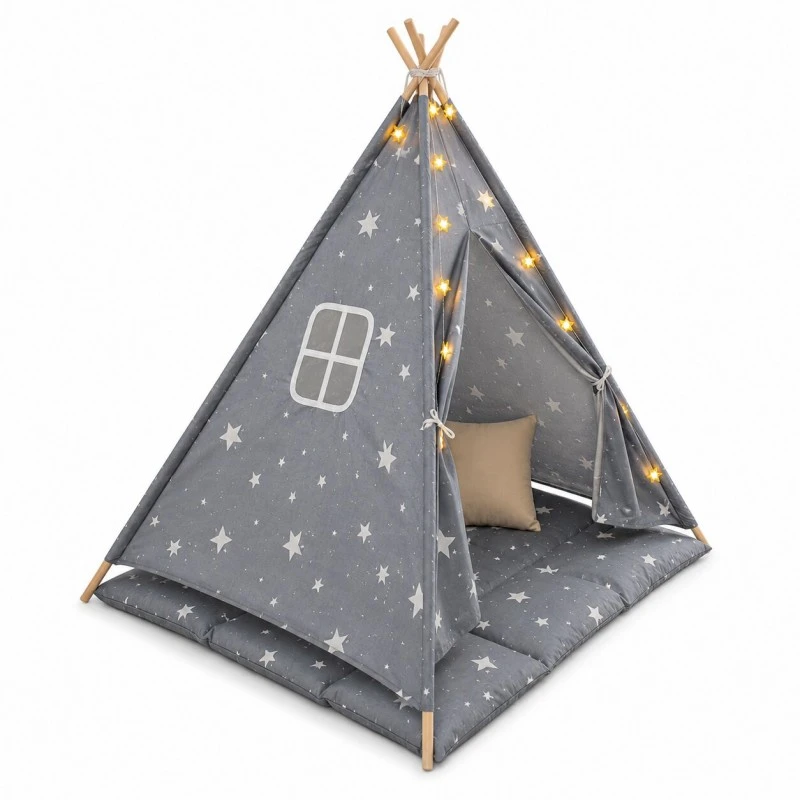 Детска Памучна Палатка GINGER HOME Little Stars, Типи, Сива със Звезди, 100% Памук, с Мека Подложка с Пълнеж, Възглавница и LED Лампички, 120x120x160 см