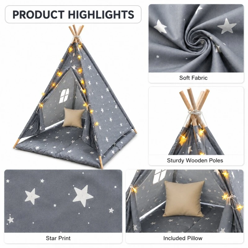 Детска Памучна Палатка GINGER HOME Little Stars, Типи, Сива със Звезди, 100% Памук, с Мека Подложка с Пълнеж, Възглавница и LED Лампички, 120x120x160 см