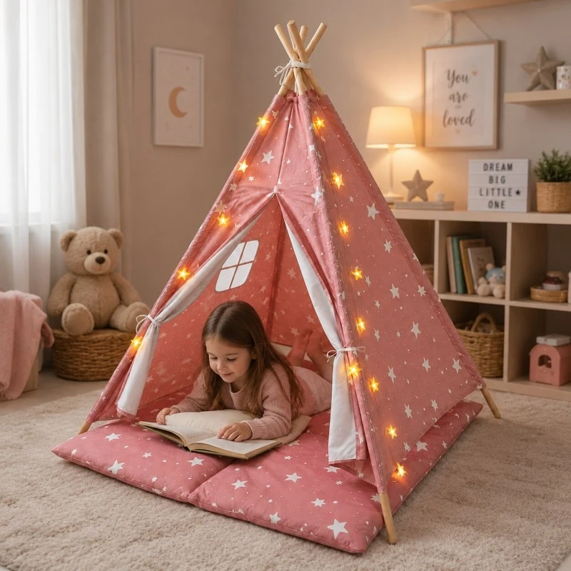Детска Памучна Палатка GINGER HOME Little Stars, Типи, Розова със Звезди, 100% Памук, с Мека Подложка с Пълнеж, Възглавница и LED Лампички, 120x120x160 см
