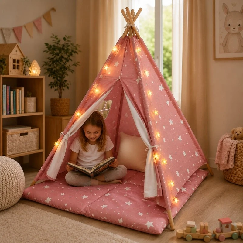 Детска Памучна Палатка GINGER HOME Little Stars, Типи, Розова със Звезди, 100% Памук, с Мека Подложка с Пълнеж, Възглавница и LED Лампички, 120x120x160 см