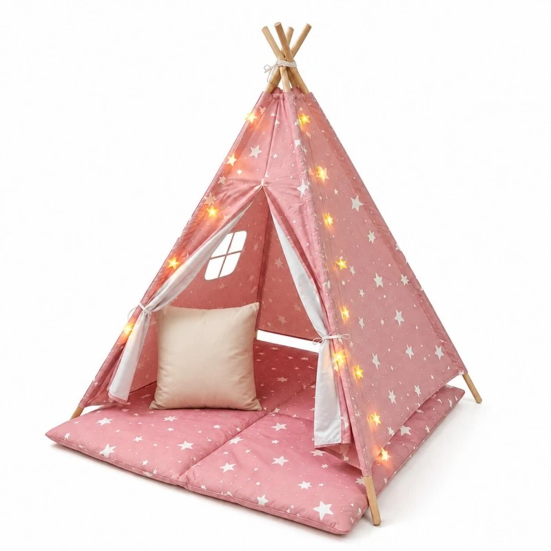 Детска Памучна Палатка GINGER HOME Little Stars, Типи, Розова със Звезди, 100% Памук, с Мека Подложка с Пълнеж, Възглавница и LED Лампички, 120x120x160 см