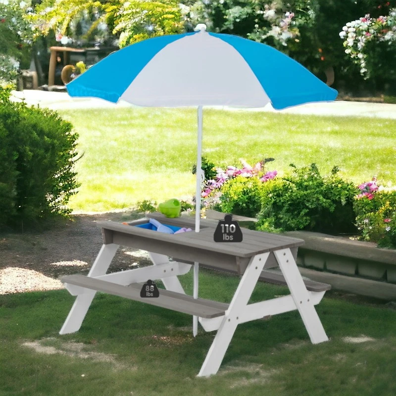 Детска Градинска Маса 3 в 1 GINGER HOME, Подвижен Плот за Активни Игри на Открито, Чадър с Регулируема Височина, anti-UV