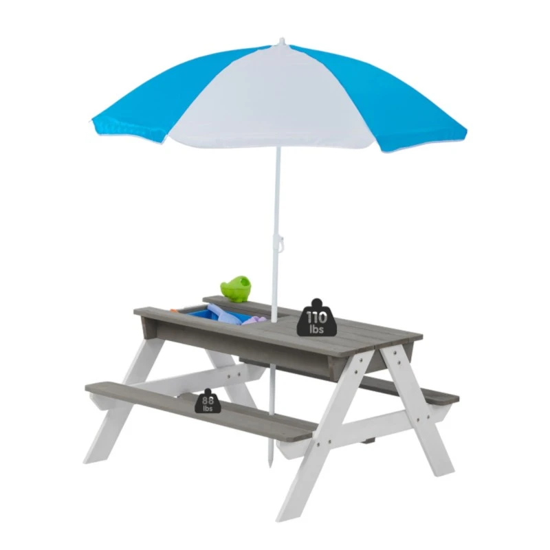 Детска Градинска Маса 3 в 1 GINGER HOME, Подвижен Плот за Активни Игри на Открито, Чадър с Регулируема Височина, anti-UV