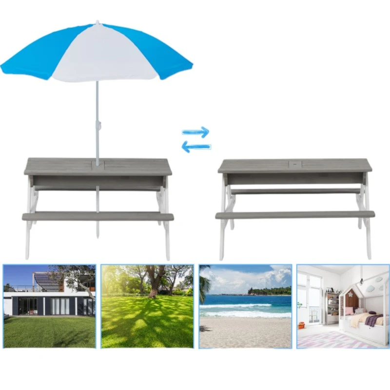 Детска Градинска Маса 3 в 1 GINGER HOME, Подвижен Плот за Активни Игри на Открито, Чадър с Регулируема Височина, anti-UV