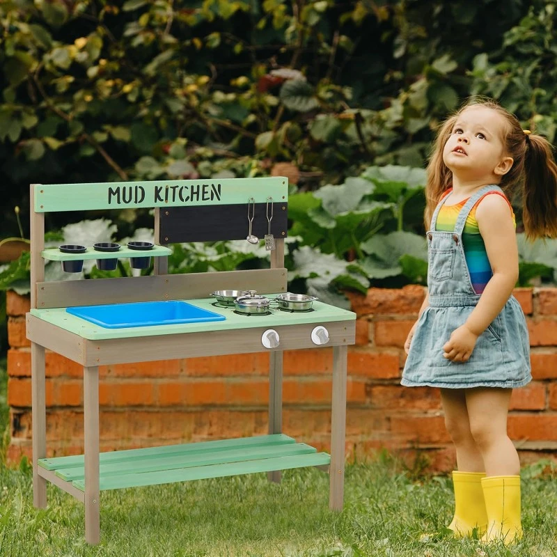 Детска Градинска Кухня GINGER HOME, Дървена, Игра на Открито, Подарък за Деца от 3 до 8 години, 80х37х88 см.