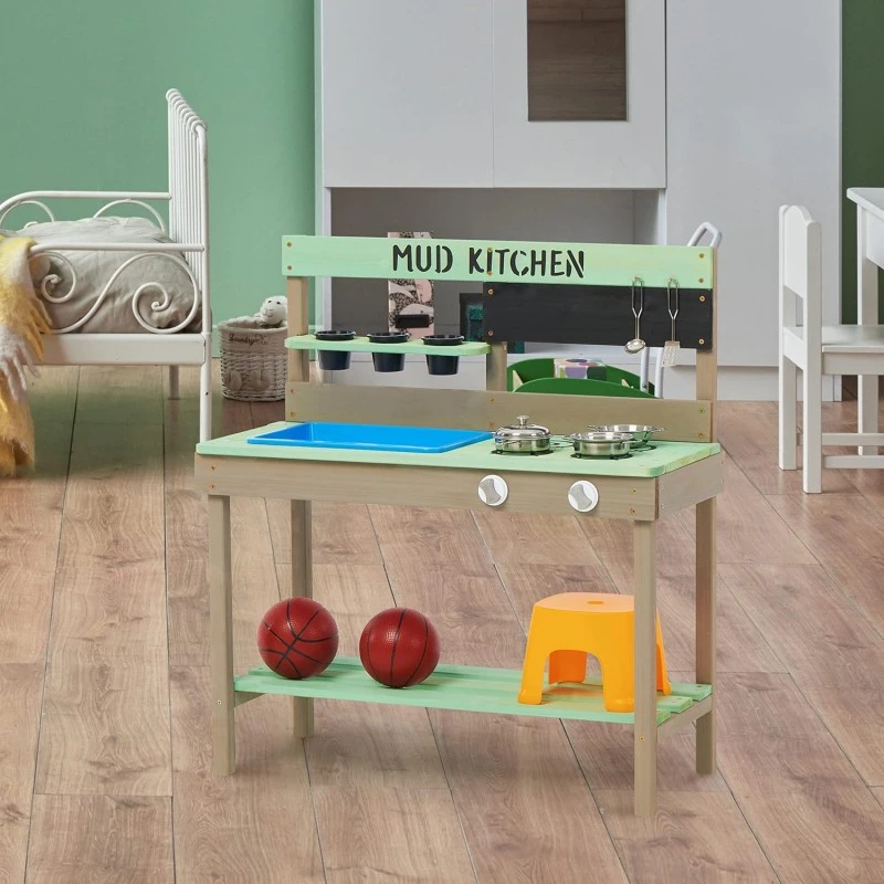 Детска Градинска Кухня GINGER HOME, Дървена, Игра на Открито, Подарък за Деца от 3 до 8 години, 80х37х88 см.